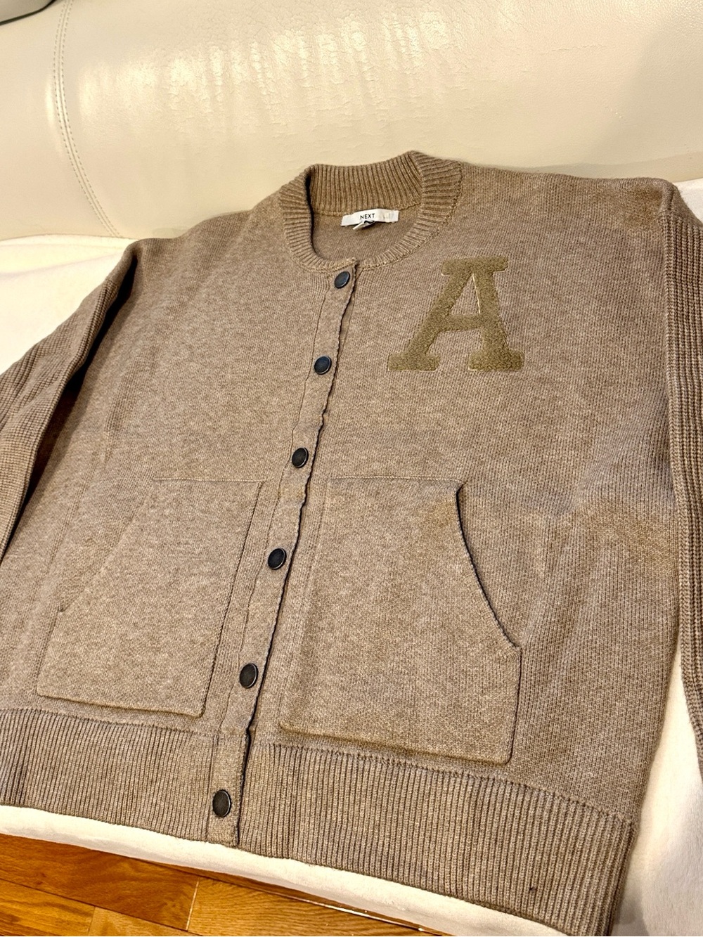 Next Brown Button-Front woman’s Cardigan with 'A' Patch. New. L